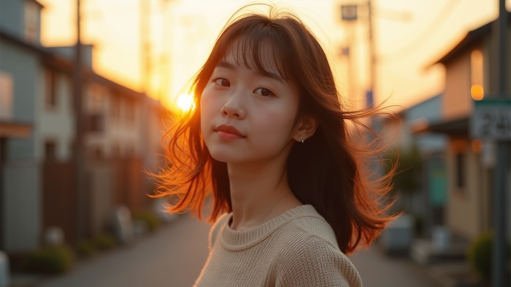 夕暮れの東京でのポートレート